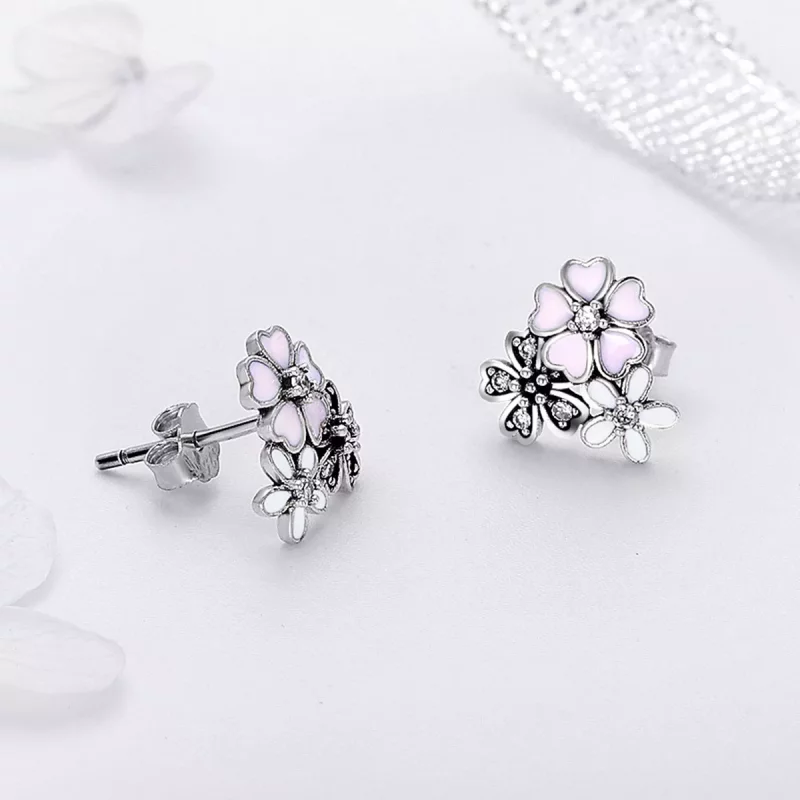 (imagen para) Pendientes de botón estilo Pandora con margaritas y flores de cerezo en plata - - Ver 3