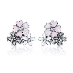 (imagen para) Pendientes de botón estilo Pandora con margaritas y flores de cerezo en plata - SCE400