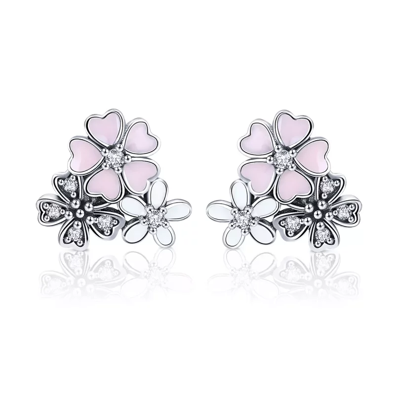 (imagen para) Pendientes de botón estilo Pandora con margaritas y flores de cerezo en plata - SCE400