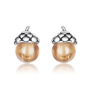 (imagen para) Pendientes de botón estilo Pandora de plata brillante con forma de fruto del roble - SCE935