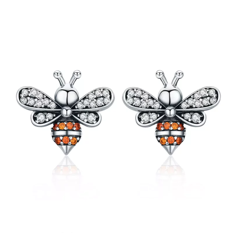 (imagen para) Pendientes de botón estilo Pandora de plata con diseño de abeja - SCE344