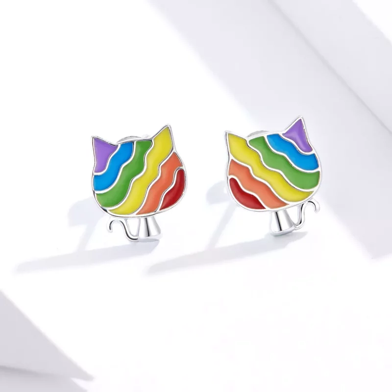 (imagen para) Pendientes de botón estilo Pandora de plata con diseño de gatito arcoíris - SCE8 - Ver 2