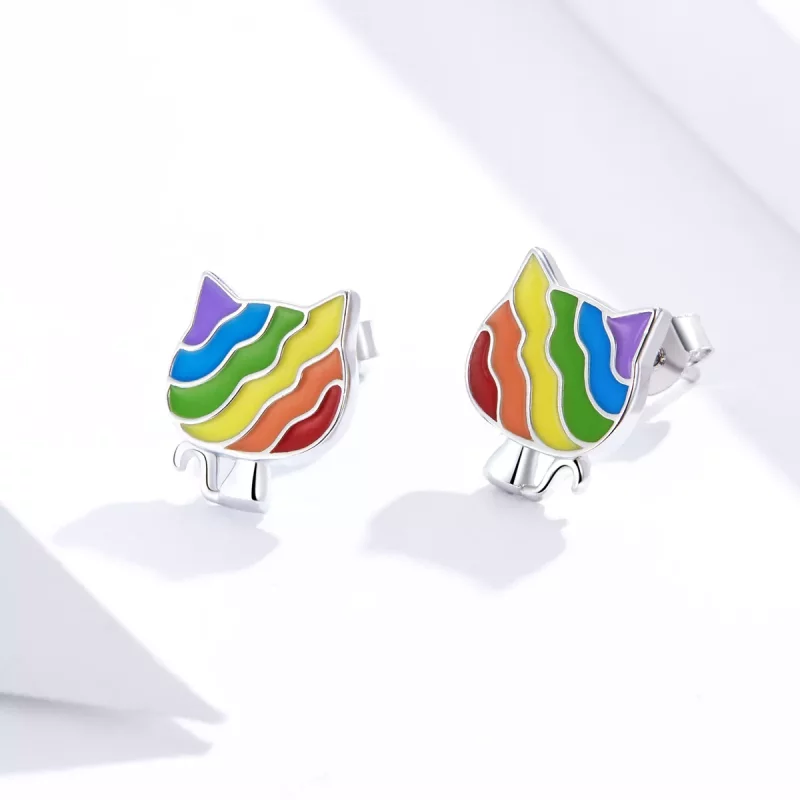 (imagen para) Pendientes de botón estilo Pandora de plata con diseño de gatito arcoíris - SCE8 - Ver 3