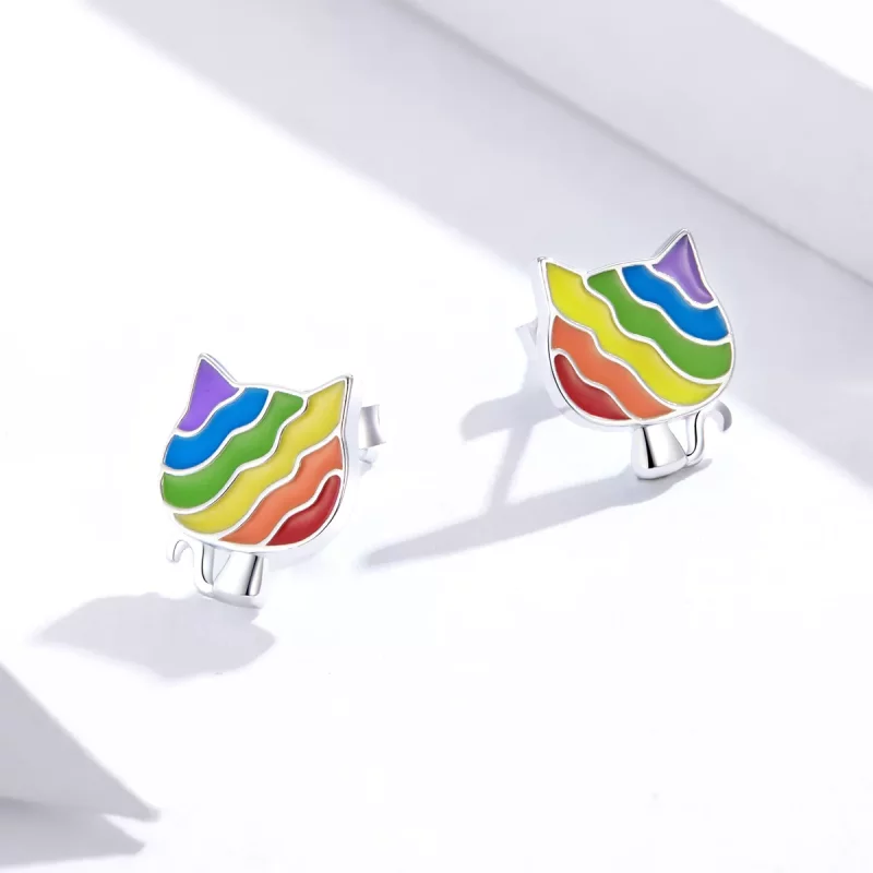 (imagen para) Pendientes de botón estilo Pandora de plata con diseño de gatito arcoíris - SCE8 - Ver 4