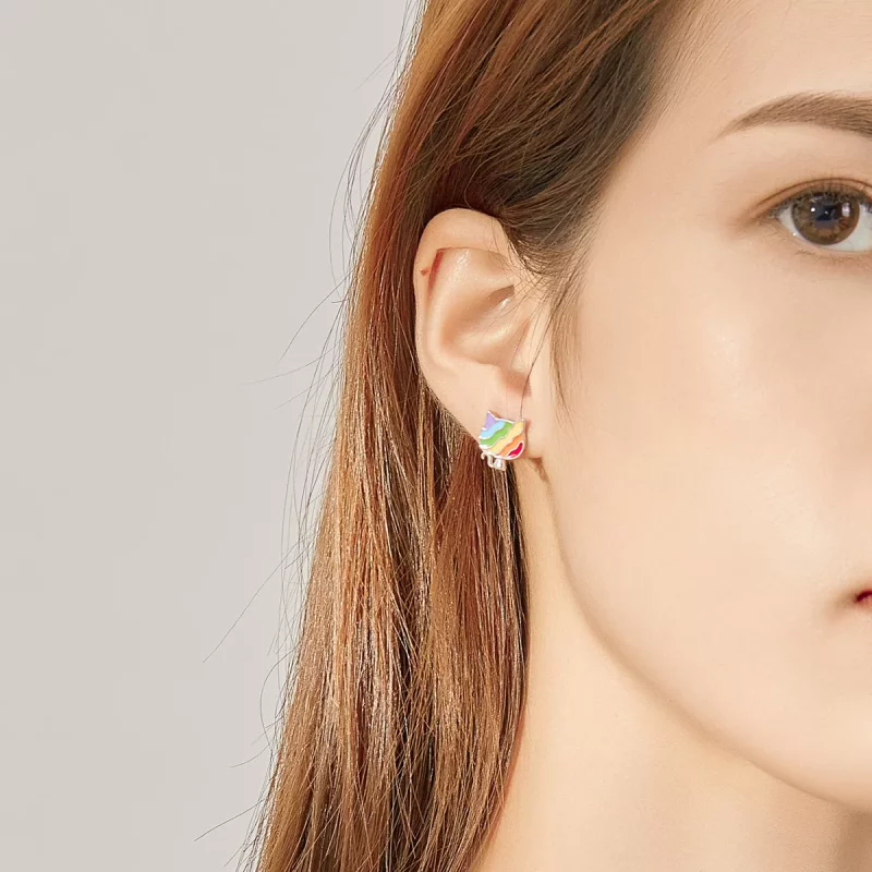 (imagen para) Pendientes de botón estilo Pandora de plata con diseño de gatito arcoíris - SCE8 - Ver 5