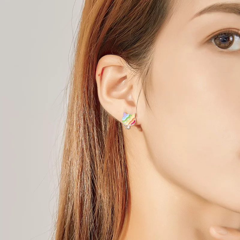 (imagen para) Pendientes de botón estilo Pandora de plata con diseño de gatito arcoíris - SCE8 - Ver 7