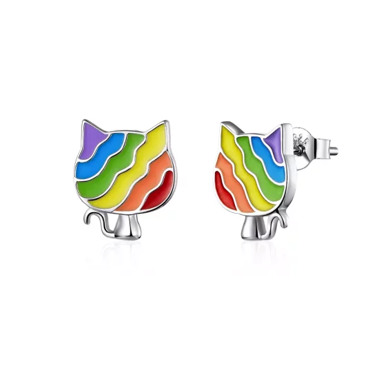 (imagen para) Pendientes de botón estilo Pandora de plata con diseño de gatito arcoíris - SCE823