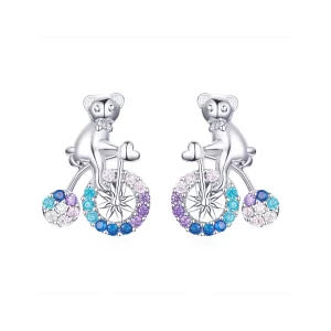 (imagen para) Pendientes de botón estilo Pandora de plata con diseño de oso en bicicleta - SCE677