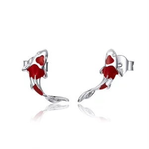 (imagen para) Pendientes de botón estilo Pandora de plata con diseño de pez Koi de la suerte - SCE812
