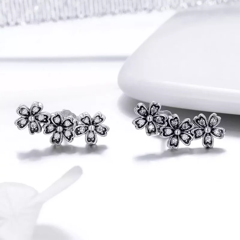(imagen para) Pendientes de botón estilo Pandora de plata con margaritas contratadas - SCE419 - Ver 5