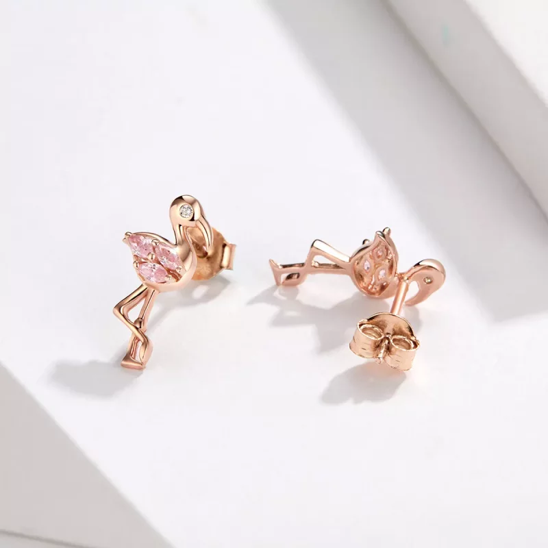 (imagen para) Pendientes de botón estilo Pandora en oro rosa con flamencos - BSE120 - Ver 2
