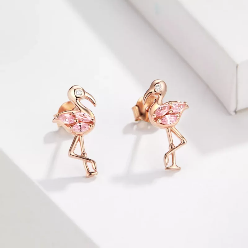(imagen para) Pendientes de botón estilo Pandora en oro rosa con flamencos - BSE120 - Ver 4