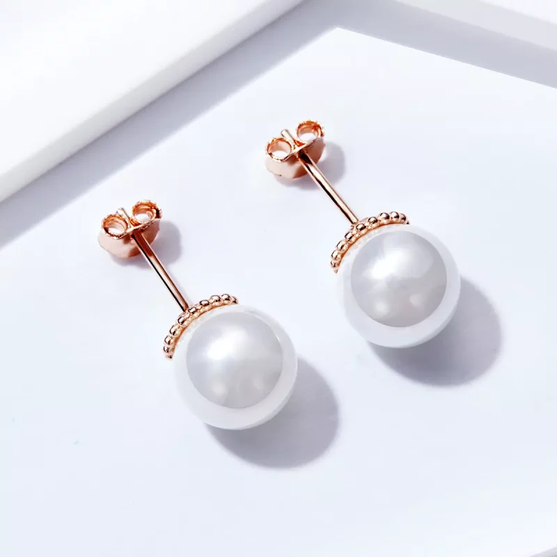 (imagen para) Pendientes de botón estilo Pandora en oro rosa con perla - SCE609 - Ver 2