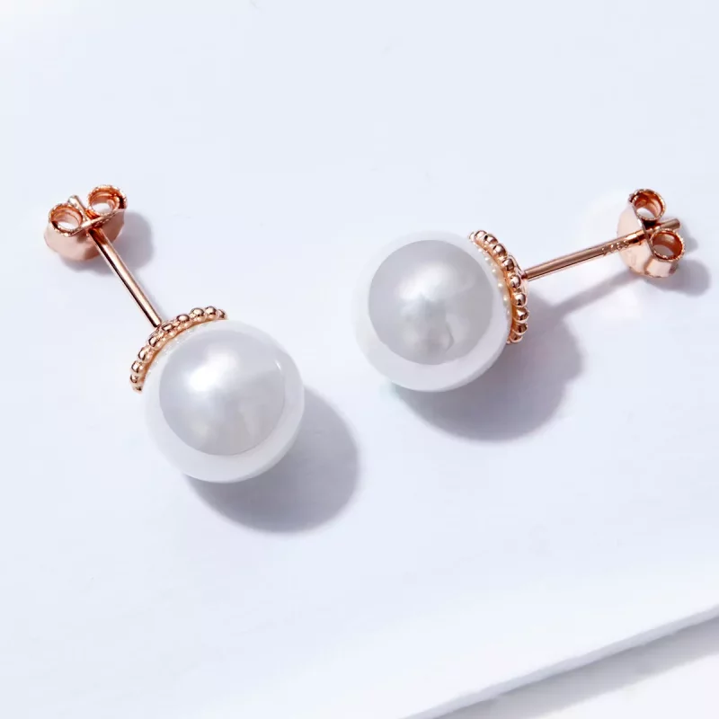 (imagen para) Pendientes de botón estilo Pandora en oro rosa con perla - SCE609 - Ver 3