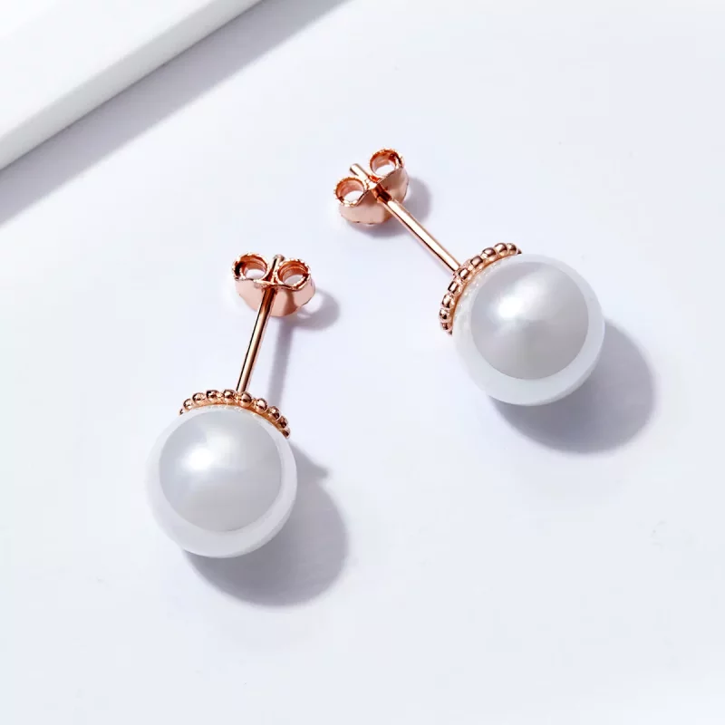 (imagen para) Pendientes de botón estilo Pandora en oro rosa con perla - SCE609 - Ver 4