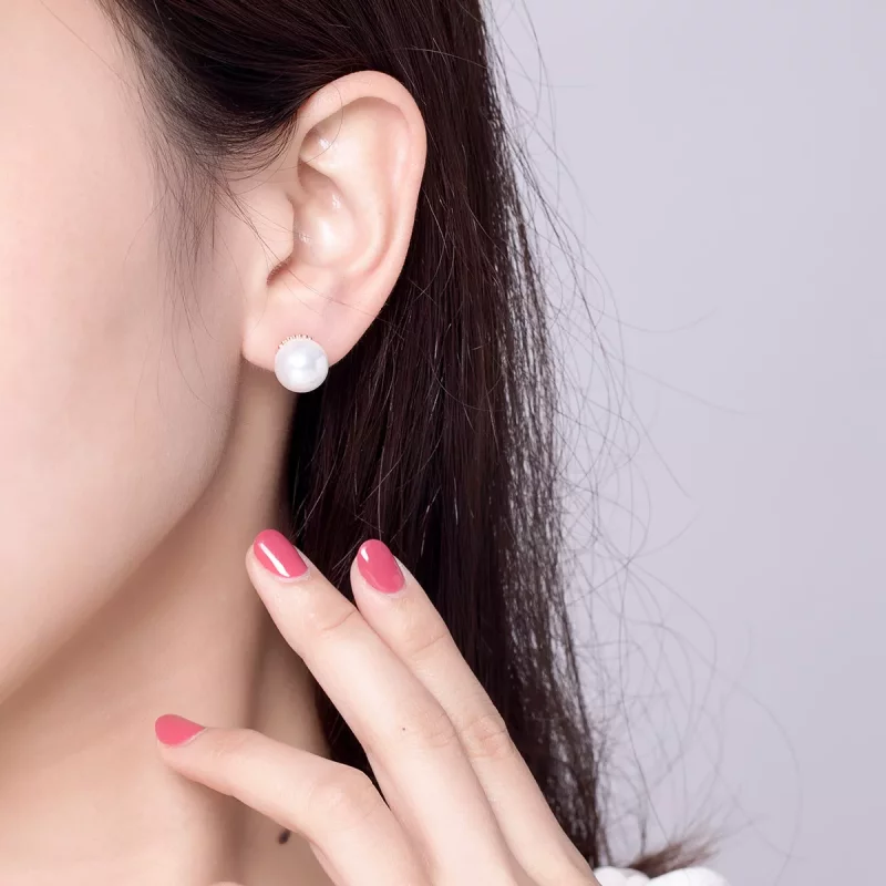 (imagen para) Pendientes de botón estilo Pandora en oro rosa con perla - SCE609 - Ver 5