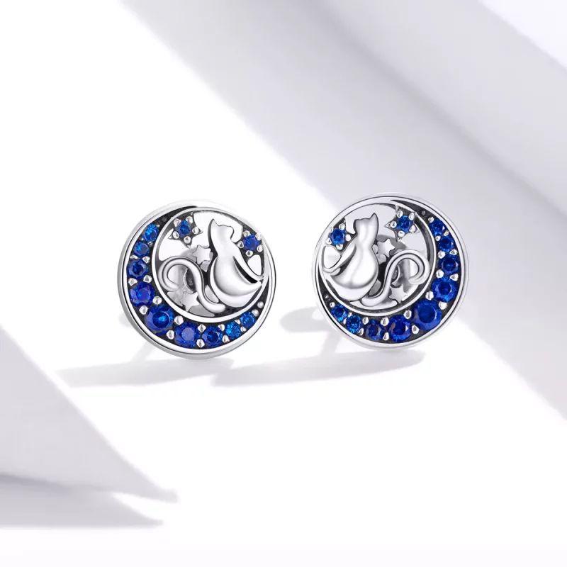 (imagen para) Pendientes de Botón Estilo Pandora Plata Luna Azul y Gatito - SCE880 - Ver 2