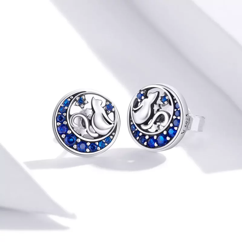 (imagen para) Pendientes de Botón Estilo Pandora Plata Luna Azul y Gatito - SCE880 - Ver 3