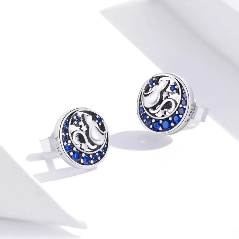 (imagen para) Pendientes de Botón Estilo Pandora Plata Luna Azul y Gatito - SCE880 - Ver 4