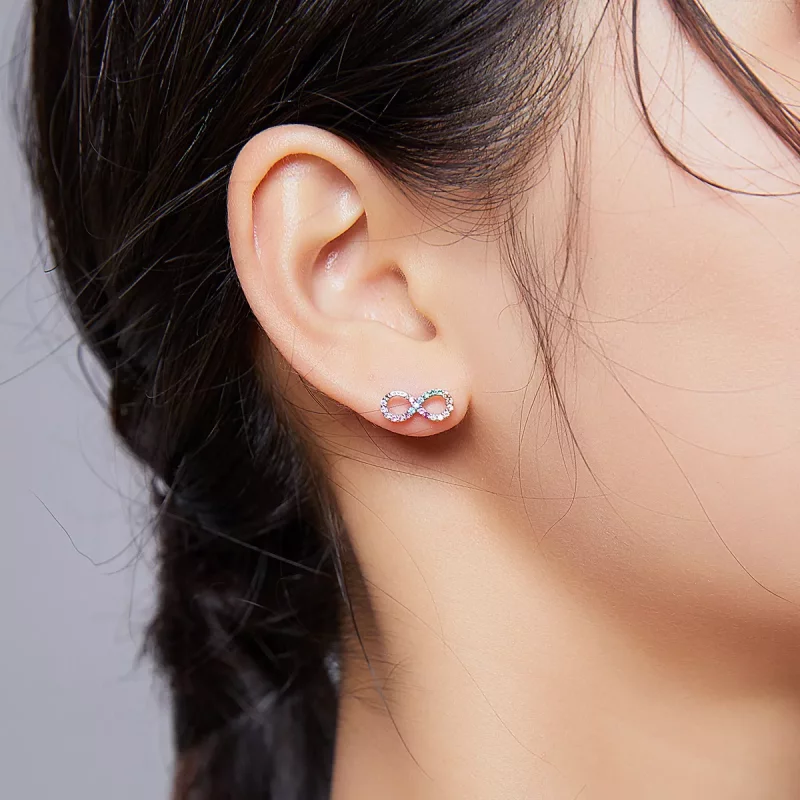 (imagen para) Pendientes de botón estilo Pandora plateados con símbolo colorido del infinito - - Ver 7