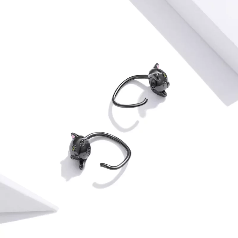 (imagen para) Pendientes de botón Plateados con Estilo Pandora de Gato Negro - SCE1125 - Ver 3