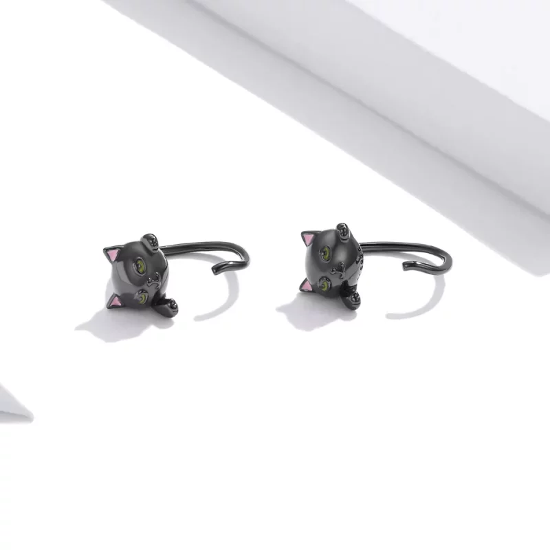 (imagen para) Pendientes de botón Plateados con Estilo Pandora de Gato Negro - SCE1125 - Ver 4