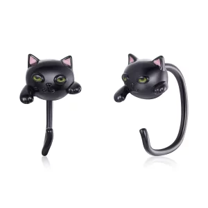 (imagen para) Pendientes de botón Plateados con Estilo Pandora de Gato Negro - SCE1125
