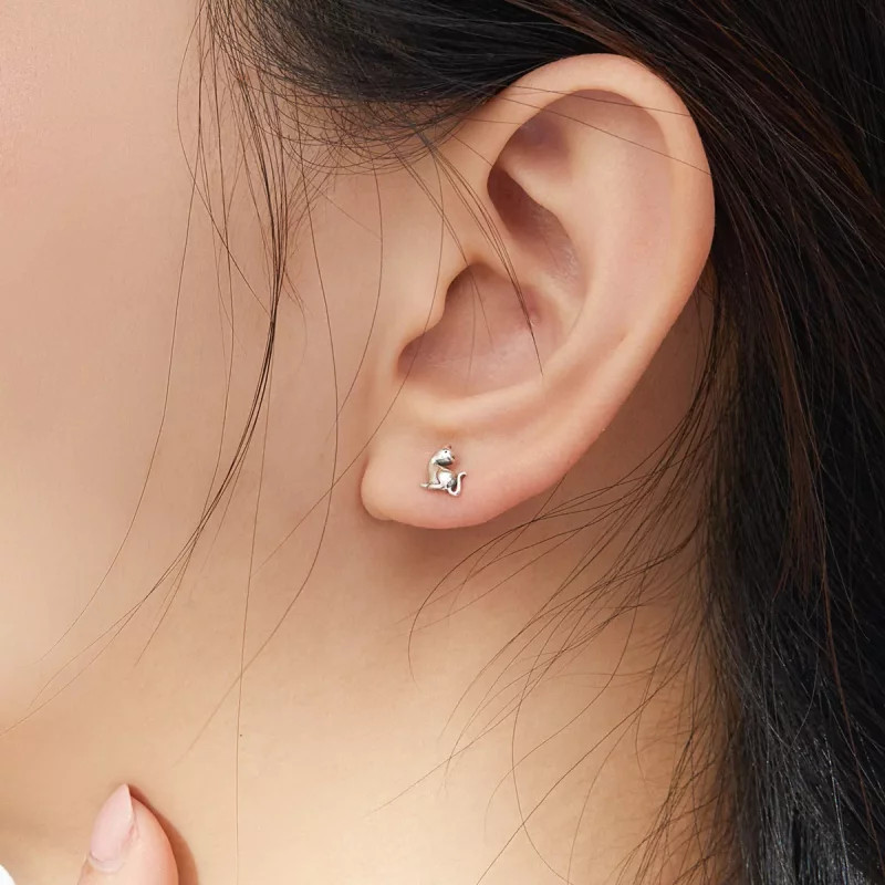 (imagen para) Pendientes de botón plateados con estilo Pandora de gato travieso - SCE832 - Ver 6