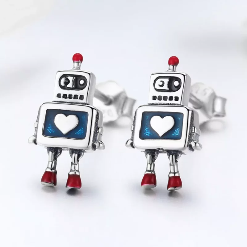(imagen para) Pendientes de botón plateados estilo Pandora con forma de robot - SCE477 - Ver 2