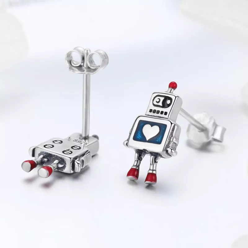 (imagen para) Pendientes de botón plateados estilo Pandora con forma de robot - SCE477 - Ver 3