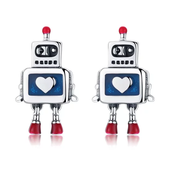 (imagen para) Pendientes de botón plateados estilo Pandora con forma de robot - SCE477