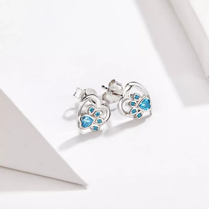 (imagen para) Pendientes de corazón con huella de perro cuidadosa estilo Pandora en plata - SC - Ver 2