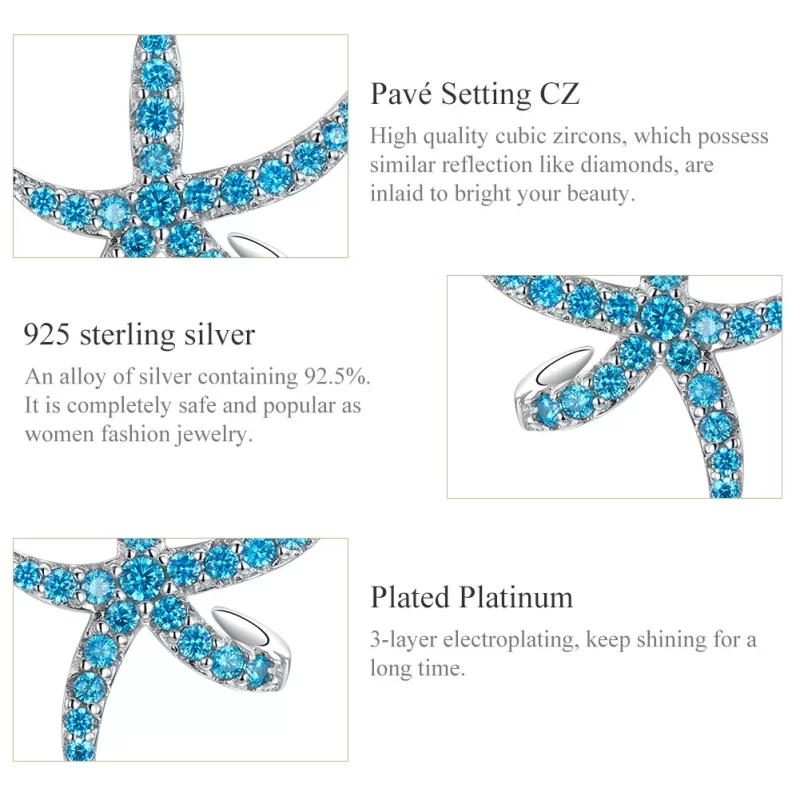 (imagen para) Pendientes de Estrella de Mar de Plata al Estilo Pandora - BSE136 - Ver 3