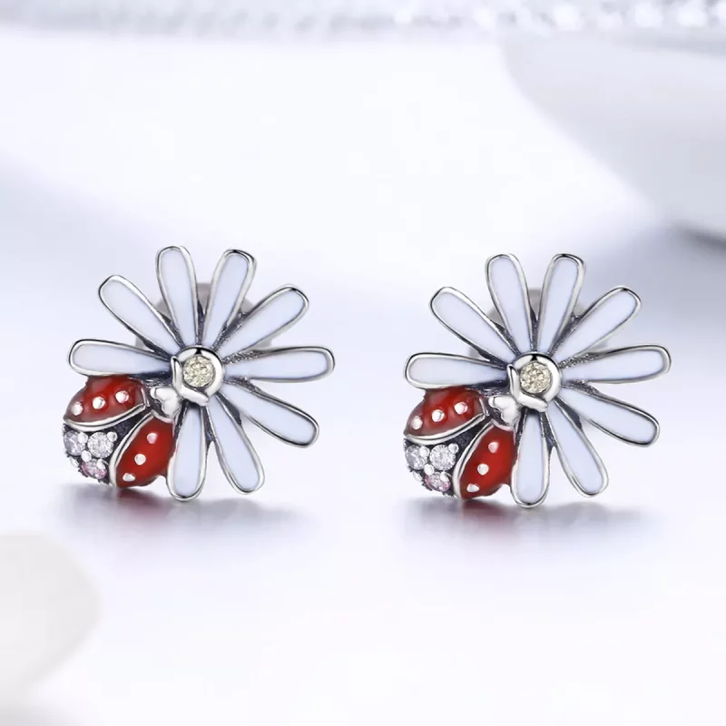 (imagen para) Pendientes de Flor y Mariquita de Plata de Estilo Pandora - SCE459 - Ver 2