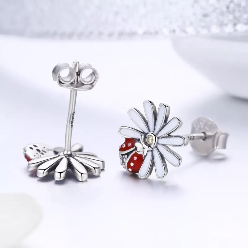 (imagen para) Pendientes de Flor y Mariquita de Plata de Estilo Pandora - SCE459 - Ver 3