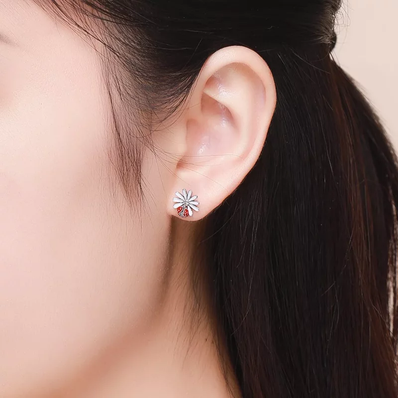 (imagen para) Pendientes de Flor y Mariquita de Plata de Estilo Pandora - SCE459 - Ver 4