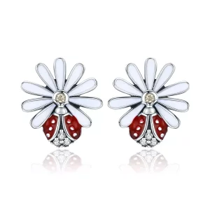 (imagen para) Pendientes de Flor y Mariquita de Plata de Estilo Pandora - SCE459