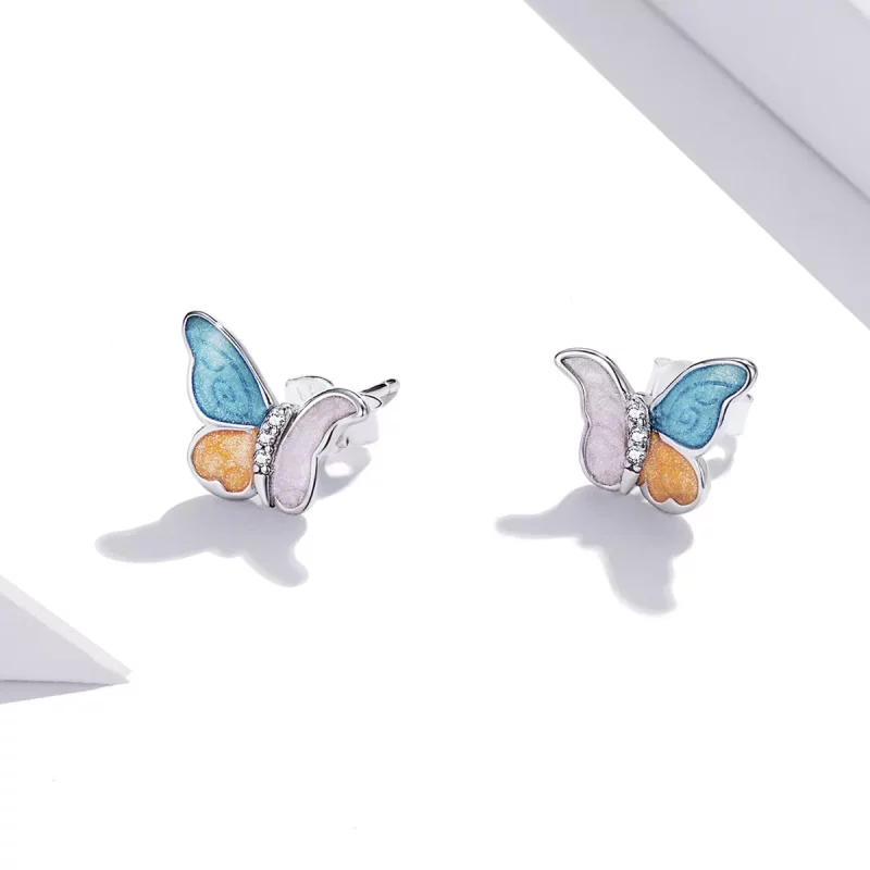 (imagen para) Pendientes de mariposa plateados estilo Pandora con tres colores - SCE1156 - Ver 2