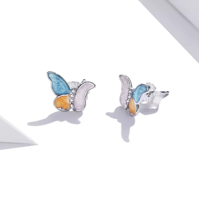 (imagen para) Pendientes de mariposa plateados estilo Pandora con tres colores - SCE1156 - Ver 3