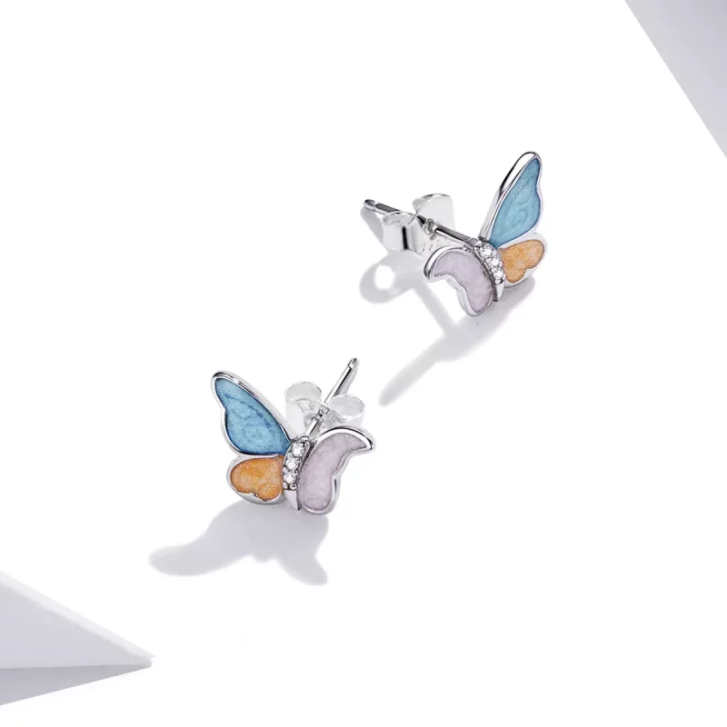 (imagen para) Pendientes de mariposa plateados estilo Pandora con tres colores - SCE1156 - Ver 4