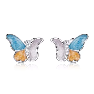 (imagen para) Pendientes de mariposa plateados estilo Pandora con tres colores - SCE1156