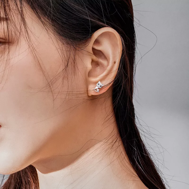 (imagen para) Pendientes de plata con lindo gato estilo Pandora - SCE797 - Ver 7