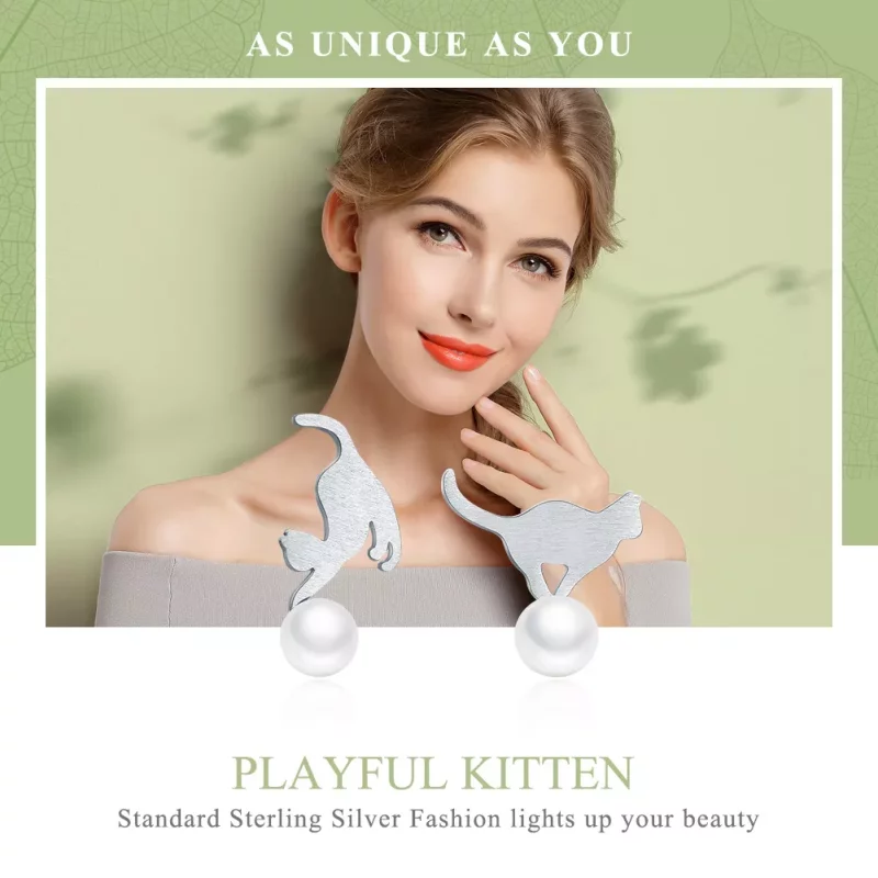 (imagen para) Pendientes de plata estilo Pandora con lindos gatitos juguetones - SCE235 - Ver 2