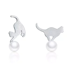 (imagen para) Pendientes de plata estilo Pandora con lindos gatitos juguetones - SCE235