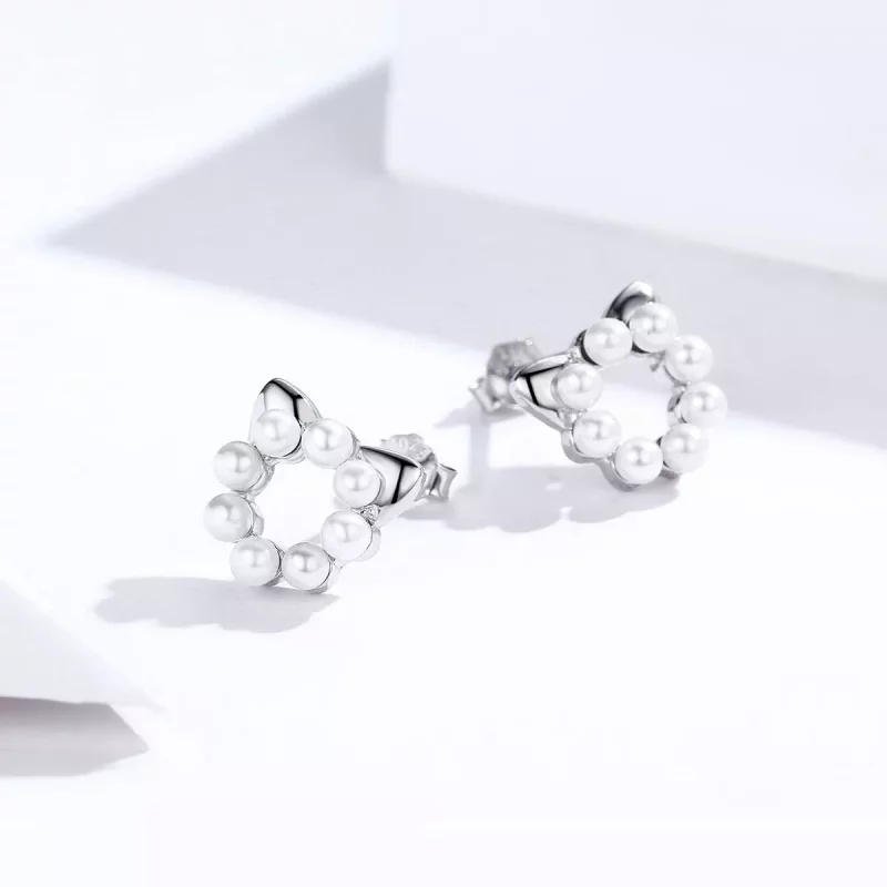 (imagen para) Pendientes de Plata Estilo Pandora con Perla en Forma de Gato - SCE688 - Ver 4
