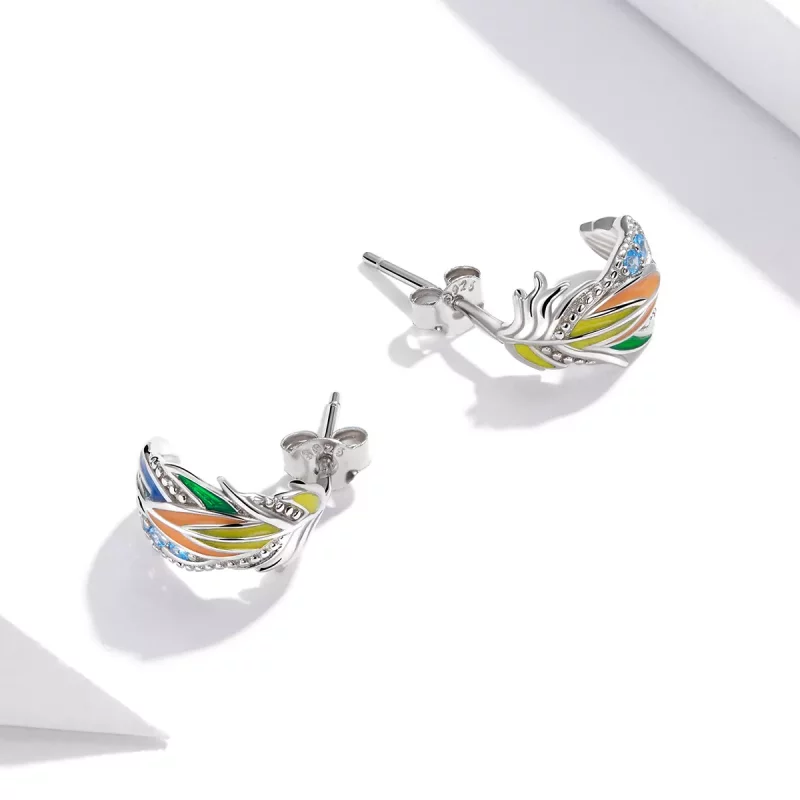 (imagen para) Pendientes de Pluma de Colores Plateados Estilo Pandora - SCE1128 - Ver 2