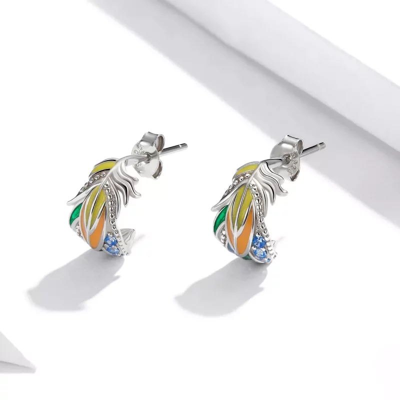 (imagen para) Pendientes de Pluma de Colores Plateados Estilo Pandora - SCE1128 - Ver 3