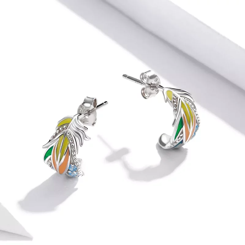 (imagen para) Pendientes de Pluma de Colores Plateados Estilo Pandora - SCE1128 - Ver 4