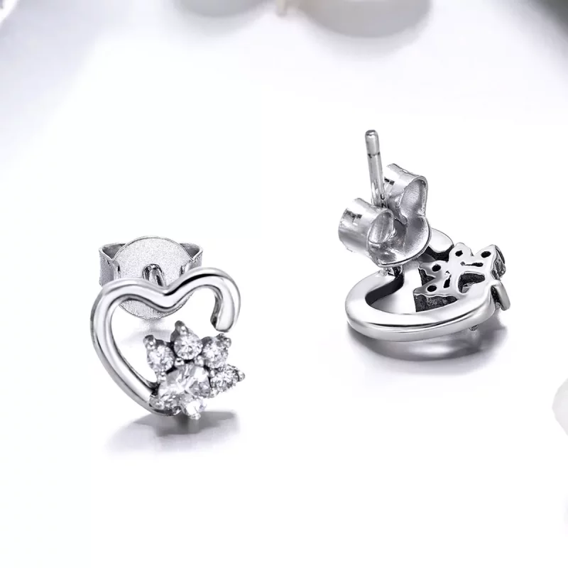(imagen para) Pendientes de tuerca de plata estilo Pandora con lindas huellas de gato - SCE415 - Ver 3