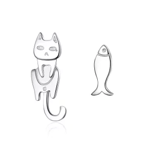 (imagen para) Pendientes de tuerca Pandora Style de plata con diseño de gato y pez - SCE488